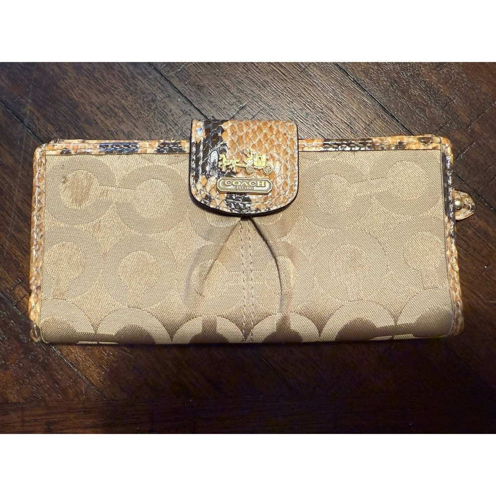 Wallet Coach Madison Op Sateen Slim Bifold Khaki Python Snake Leather RARE J